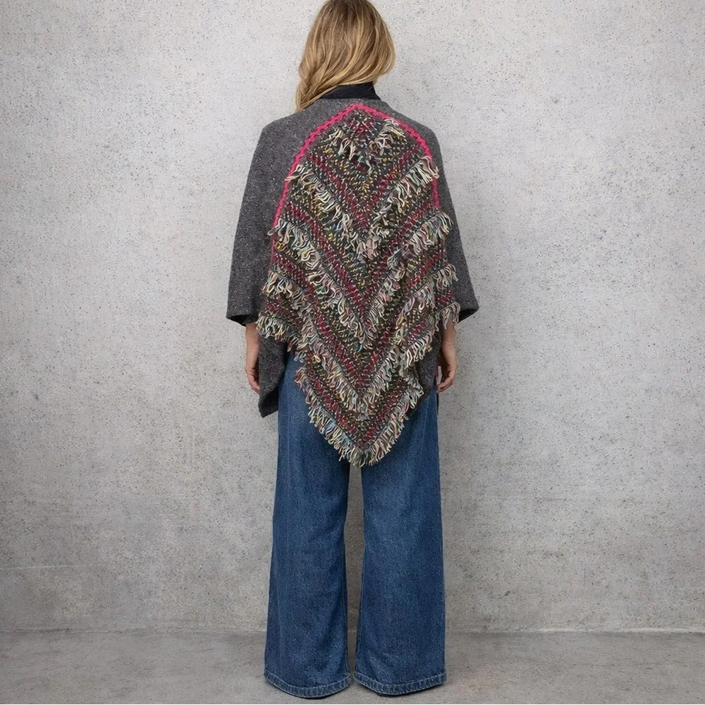 Cecilia Prado for Anthropologie Grey Poncho Sweater  with Fringe